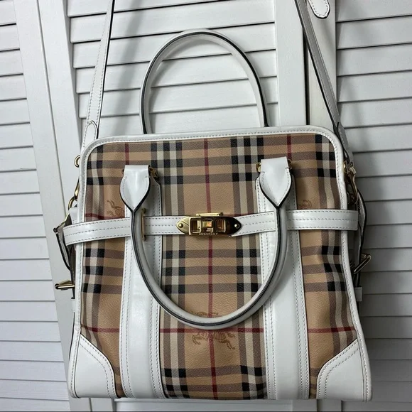 VTG Burberry Minford Satchel Haymarket Coated Canvas White Leather Gold Hardware - Picture 5 of 16